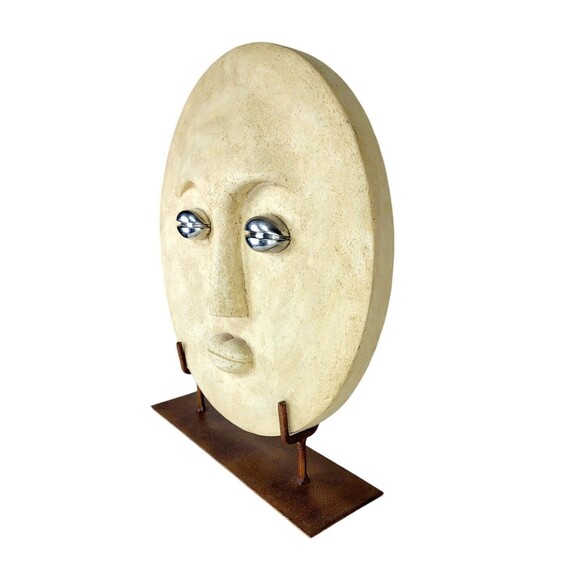 Vintage Moon Face Plaster Large Round Plaque Modernist Sculpture Art on Stand - Picture 2 of 7